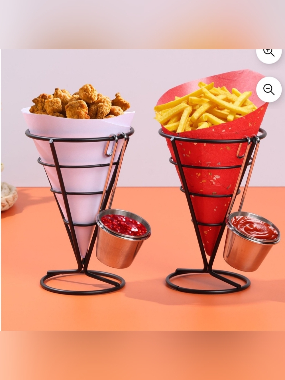 2 - Chrome Wire Cone Fry Holder with sauce holder, **bonus** Car Fry Holder